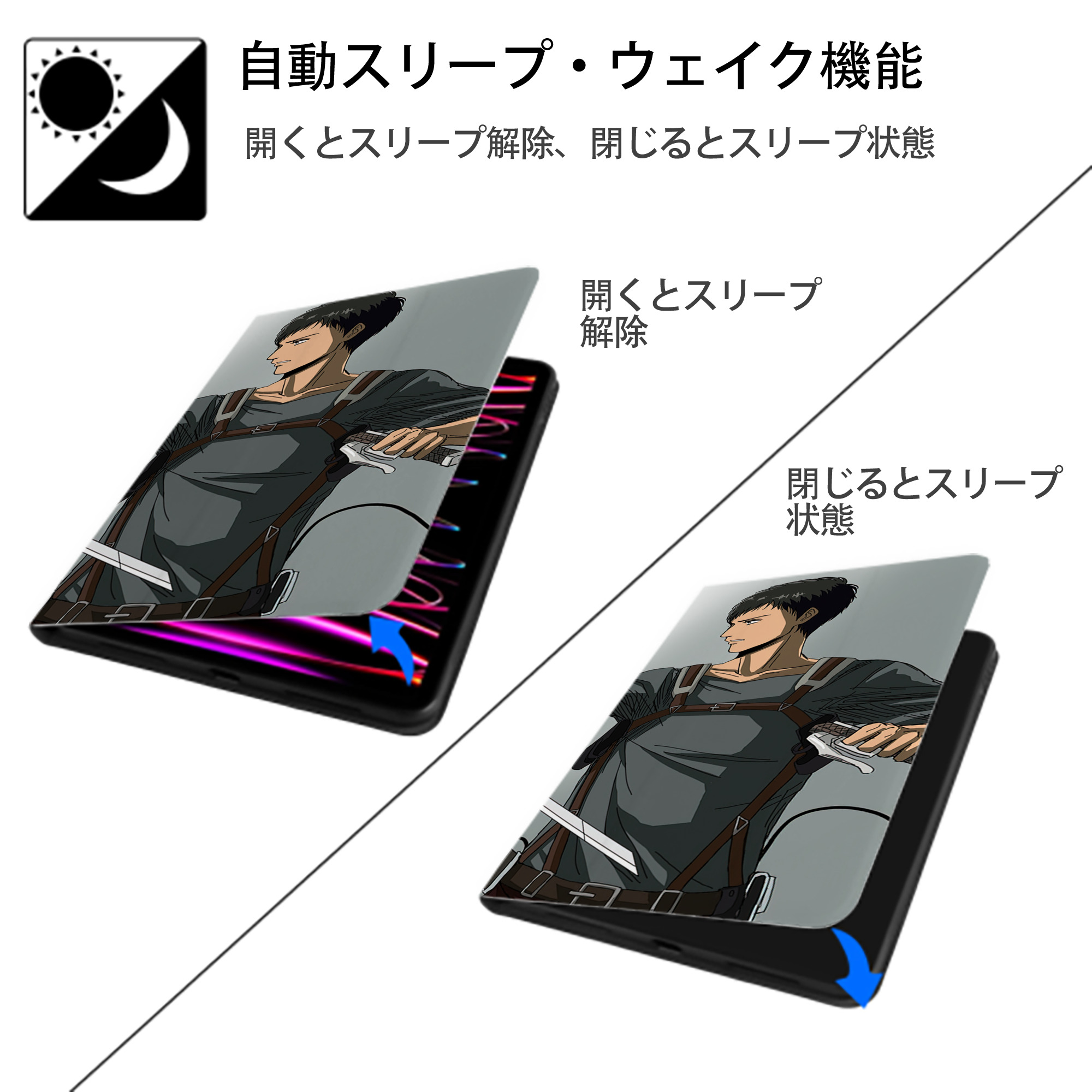 進撃の巨人 Attack on Titan IPad ケース ブック型 PUレザー TPU 耐衝撃 軽量 薄型 ペン収納なし 全面保護 IPad 各モデル対応
