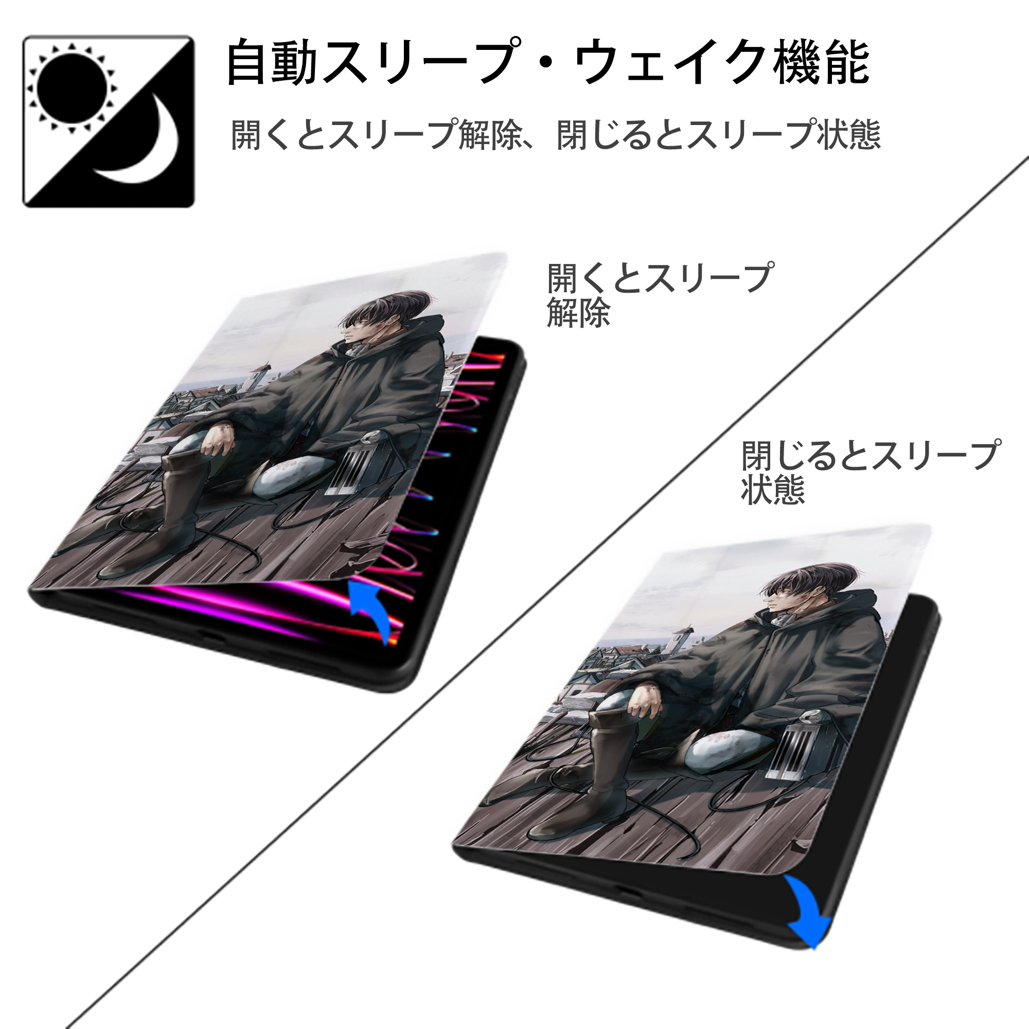 進撃の巨人 Attack on Titan IPad ケース ブック型 PUレザー TPU 耐衝撃 軽量 薄型 ペン収納なし 全面保護 IPad 各モデル対応