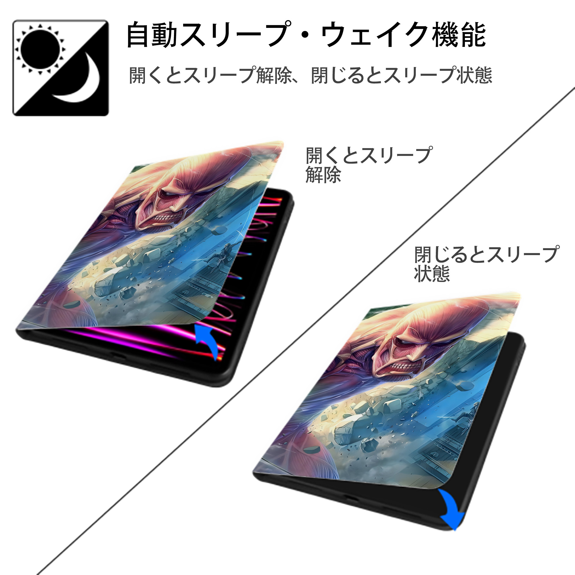 進撃の巨人 Attack on Titan IPad ケース ブック型 PUレザー TPU 耐衝撃 軽量 薄型 ペン収納なし 全面保護 IPad 各モデル対応