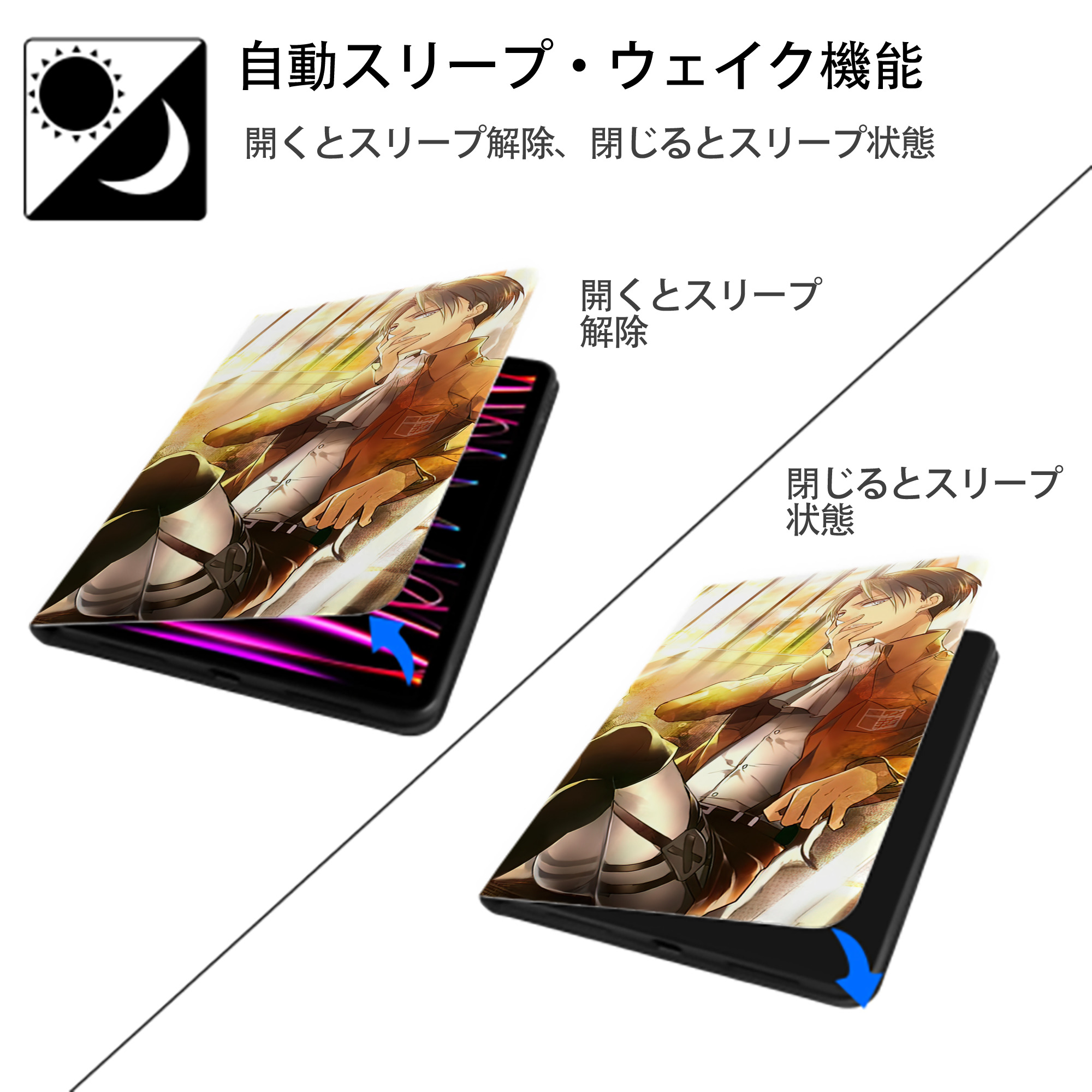 進撃の巨人 Attack on Titan IPad ケース ブック型 PUレザー TPU 耐衝撃 軽量 薄型 ペン収納なし 全面保護 IPad 各モデル対応
