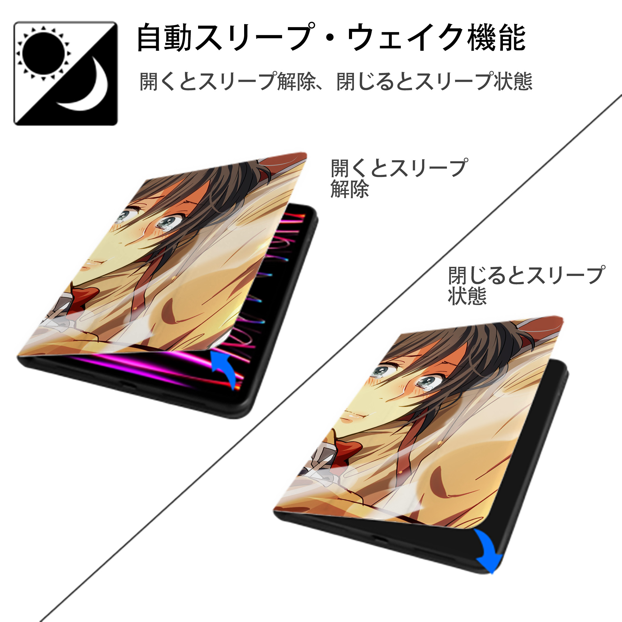 進撃の巨人 Attack on Titan IPad ケース ブック型 PUレザー TPU 耐衝撃 軽量 薄型 ペン収納なし 全面保護 IPad 各モデル対応