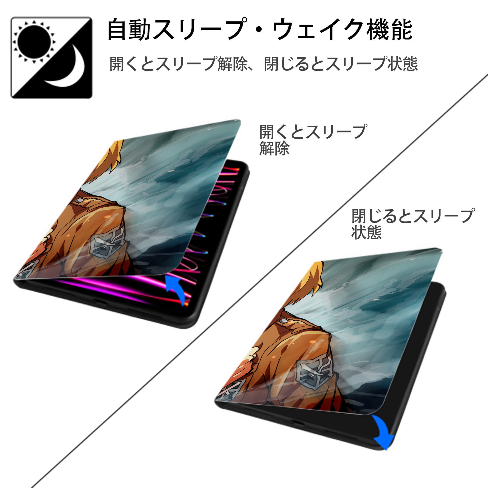 進撃の巨人 Attack on Titan IPad ケース ブック型 PUレザー TPU 耐衝撃 軽量 薄型 ペン収納なし 全面保護 IPad 各モデル対応