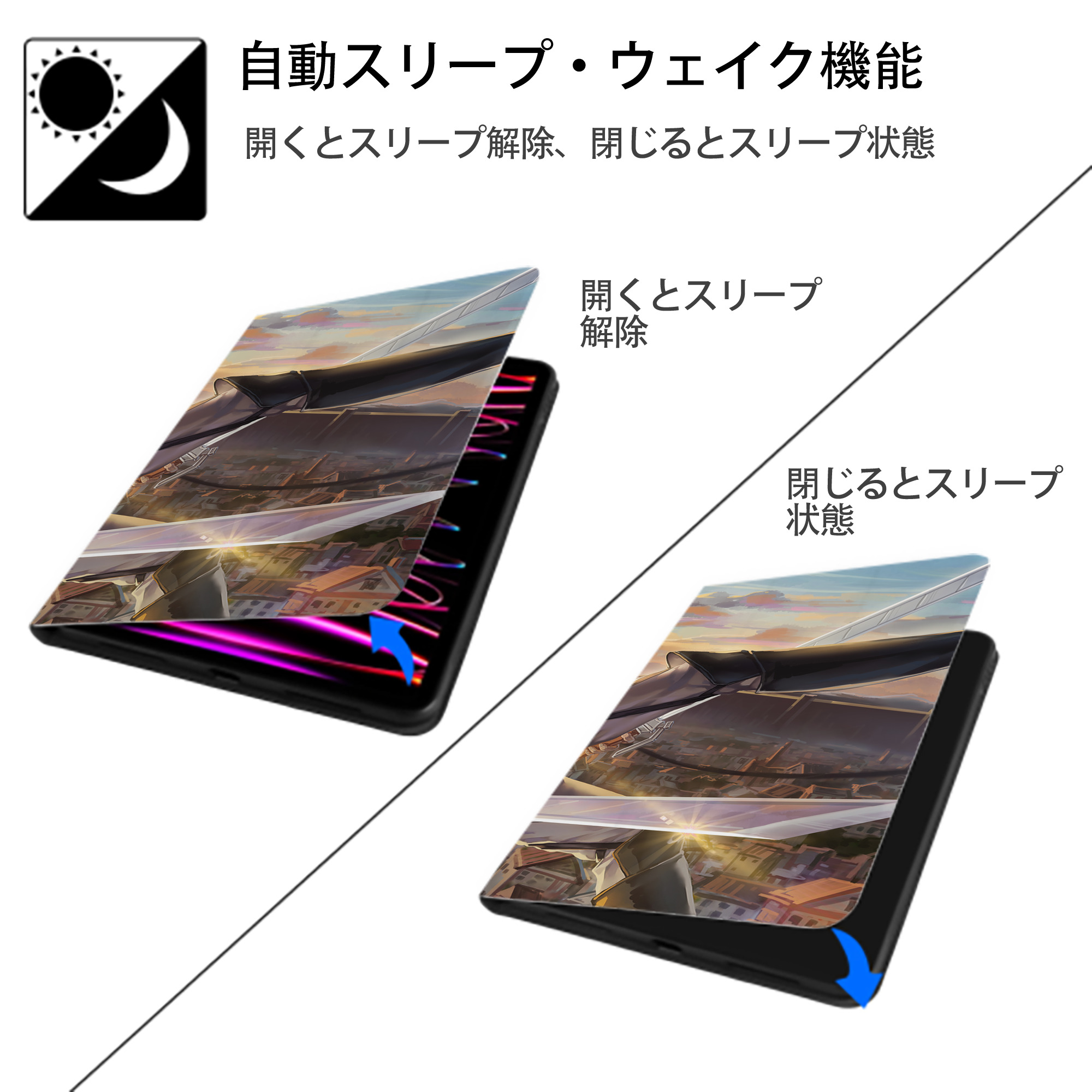 進撃の巨人 Attack on Titan IPad ケース ブック型 PUレザー TPU 耐衝撃 軽量 薄型 ペン収納なし 全面保護 IPad 各モデル対応