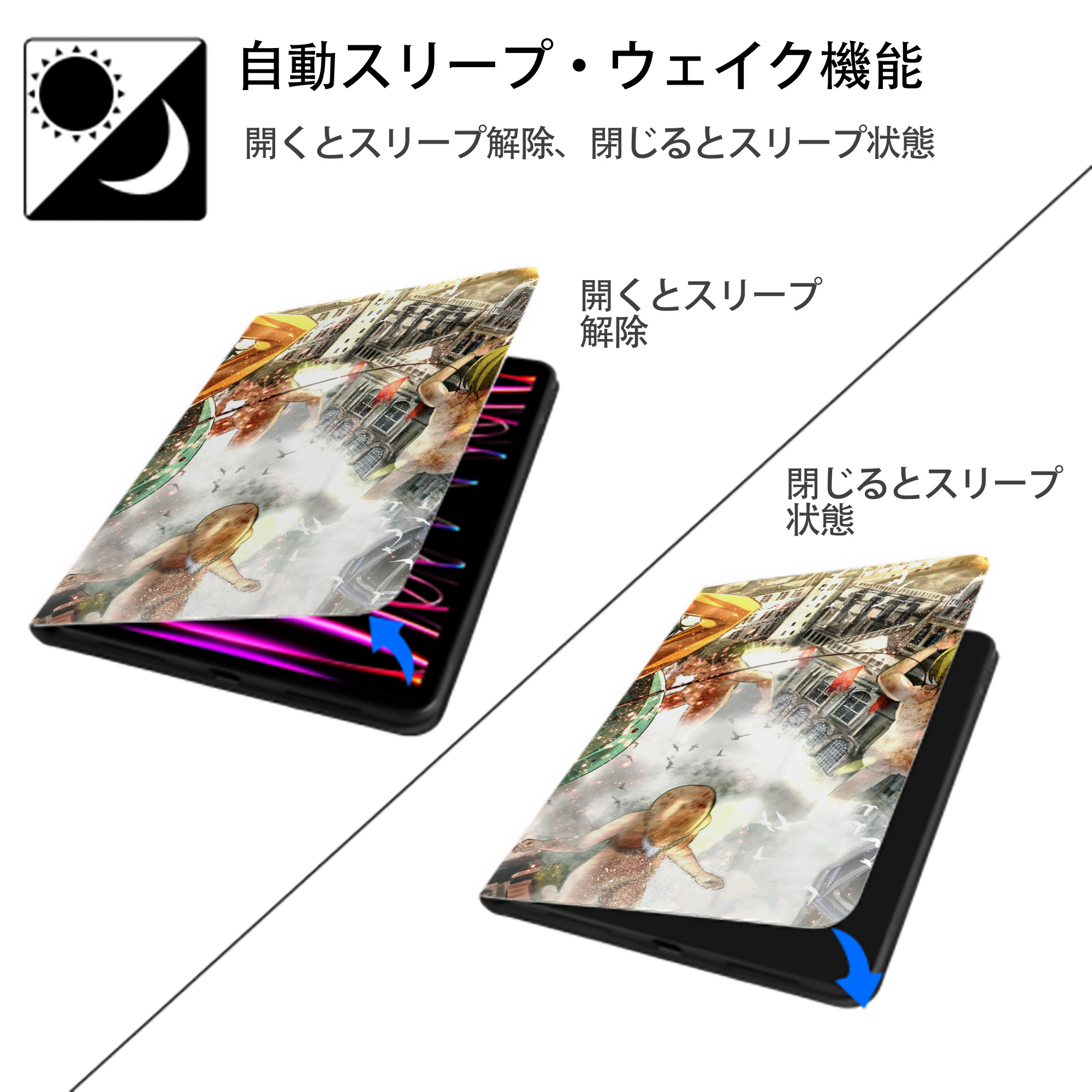進撃の巨人 Attack on Titan IPad ケース ブック型 PUレザー TPU 耐衝撃 軽量 薄型 ペン収納なし 全面保護 IPad 各モデル対応