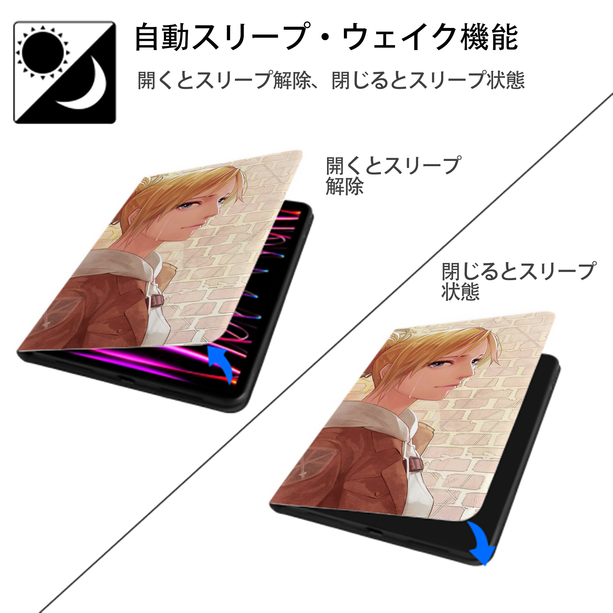 進撃の巨人 Attack on Titan IPad ケース ブック型 PUレザー TPU 耐衝撃 軽量 薄型 ペン収納なし 全面保護 IPad 各モデル対応