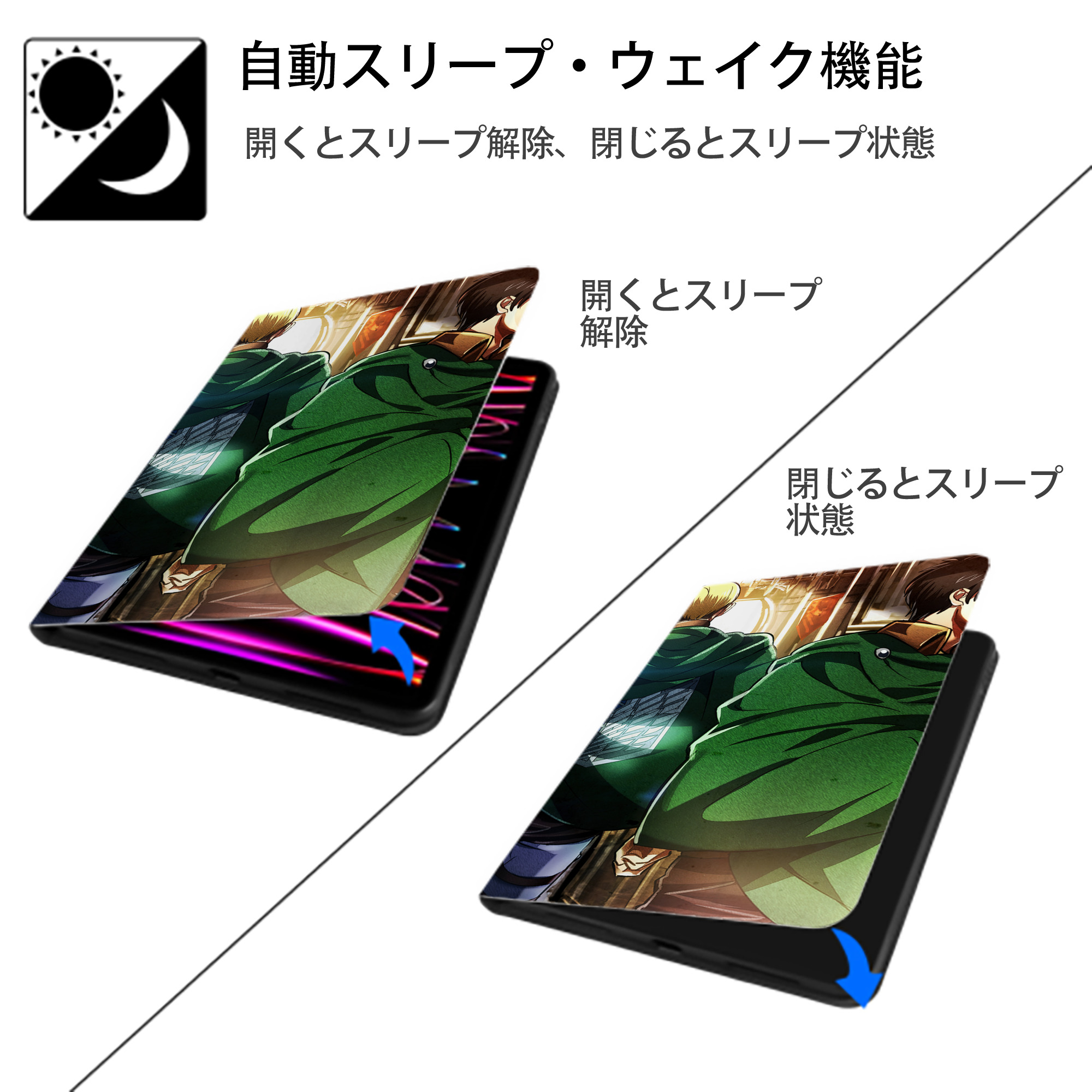 進撃の巨人 Attack on Titan IPad ケース ブック型 PUレザー TPU 耐衝撃 軽量 薄型 ペン収納なし 全面保護 IPad 各モデル対応
