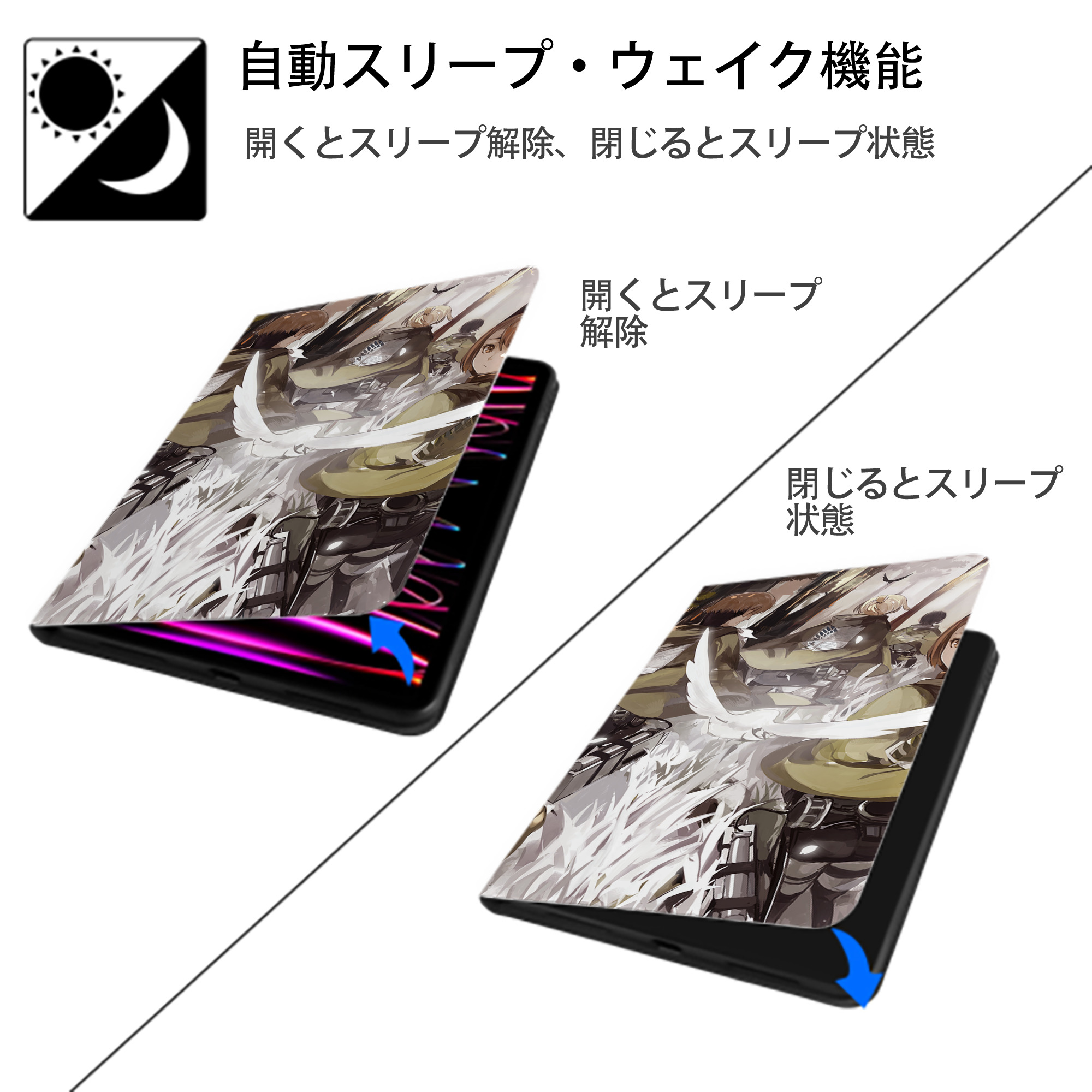 進撃の巨人 Attack on Titan IPad ケース ブック型 PUレザー TPU 耐衝撃 軽量 薄型 ペン収納なし 全面保護 IPad 各モデル対応