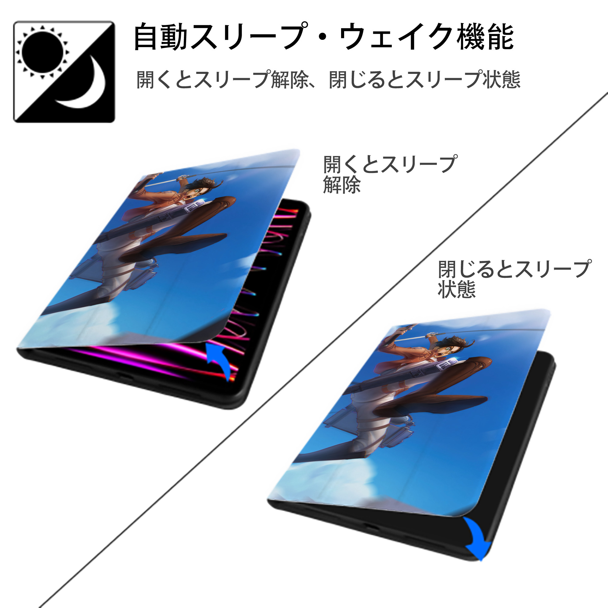 進撃の巨人 Attack on Titan IPad ケース ブック型 PUレザー TPU 耐衝撃 軽量 薄型 ペン収納なし 全面保護 IPad 各モデル対応