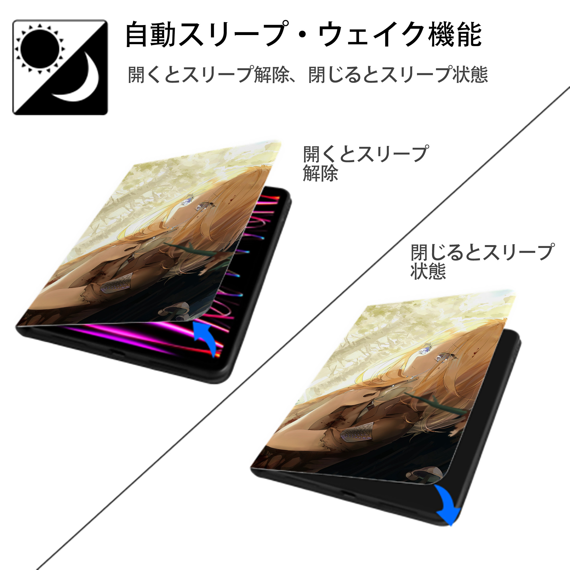 進撃の巨人 Attack on Titan IPad ケース ブック型 PUレザー TPU 耐衝撃 軽量 薄型 ペン収納なし 全面保護 IPad 各モデル対応