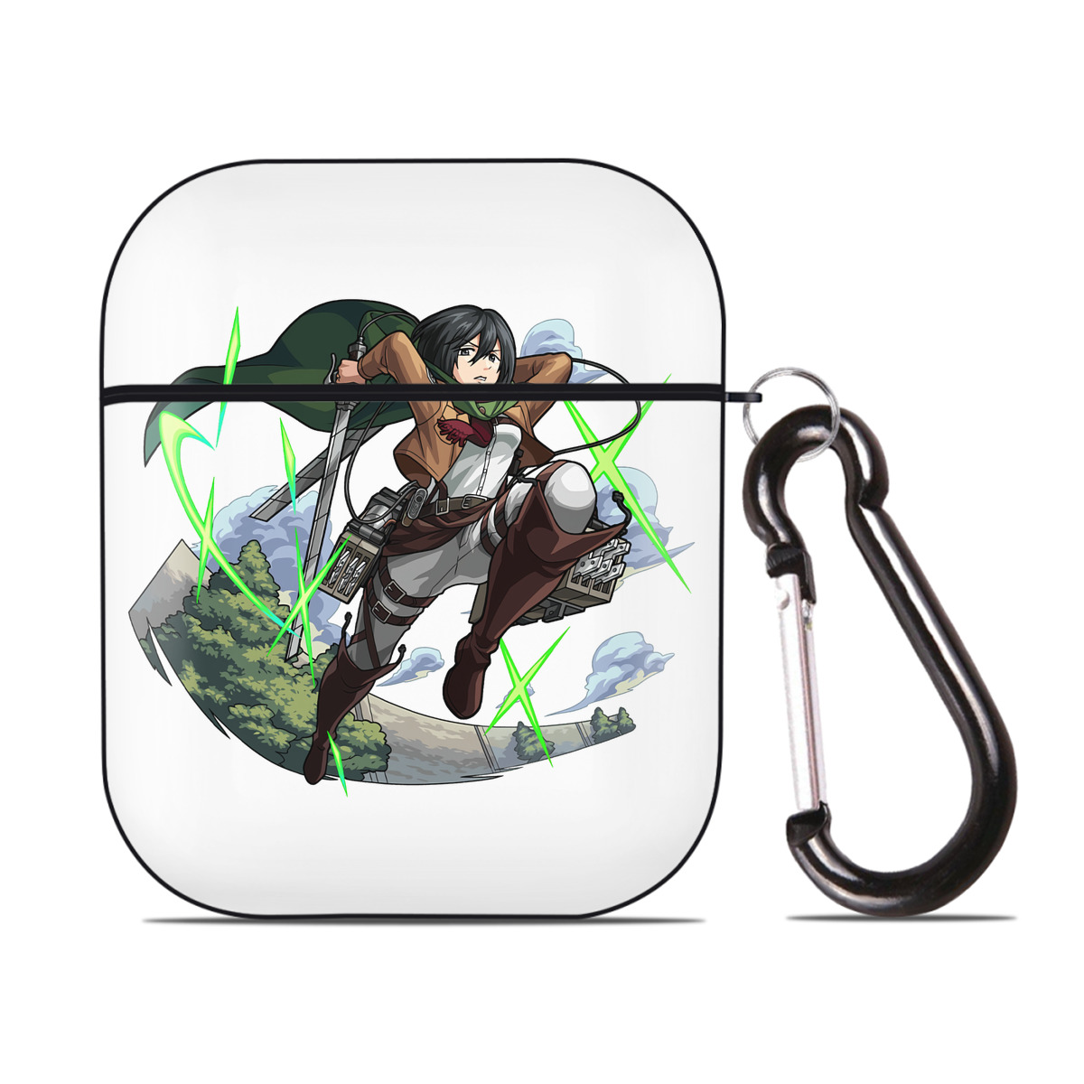 （画像用） 進撃の巨人 ミカサ·アッカーマン Attack on Titan Mikasa Ackerman AirPods 第2世代保護ケース ハードシェル ブラック 耐衝撃・防指紋・カラビナ付き