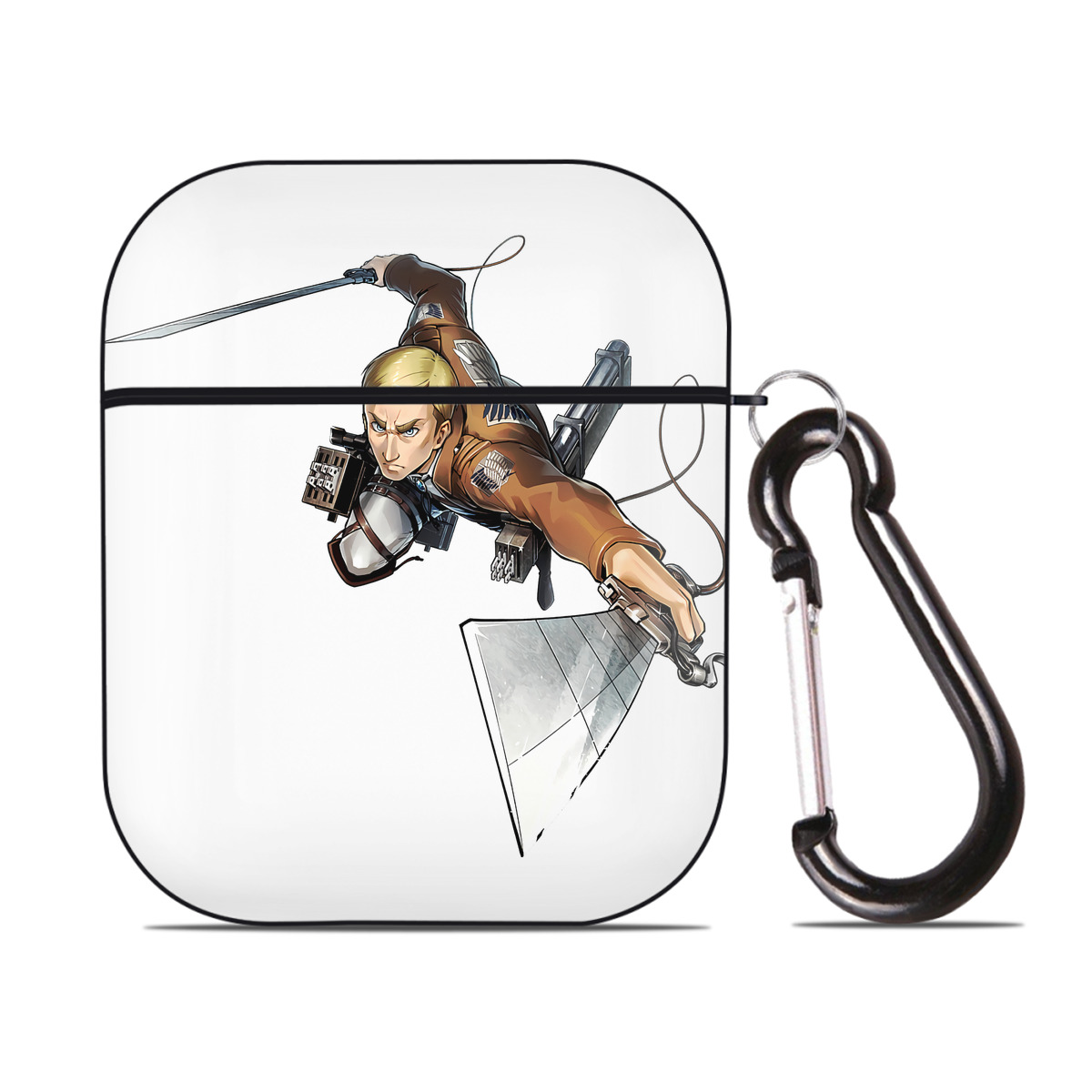 （画像用） 進撃の巨人 エルヴィン・スミス Attack on Titan Erwin Smith AirPods 第2世代保護ケース ハードシェル ブラック 耐衝撃・防指紋・カラビナ付き