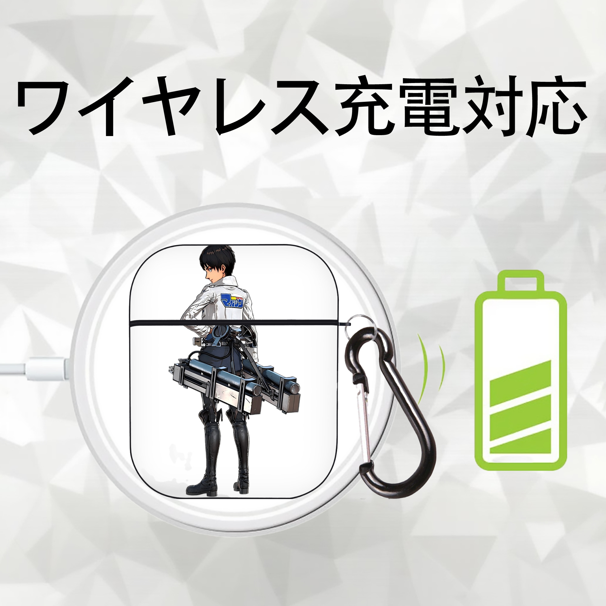 進撃の巨人 エレン･イェーガー Attack on Titan Eren Jäger AirPods 第2世代保護ケース ハードシェル ブラック 耐衝撃・防指紋・カラビナ付き