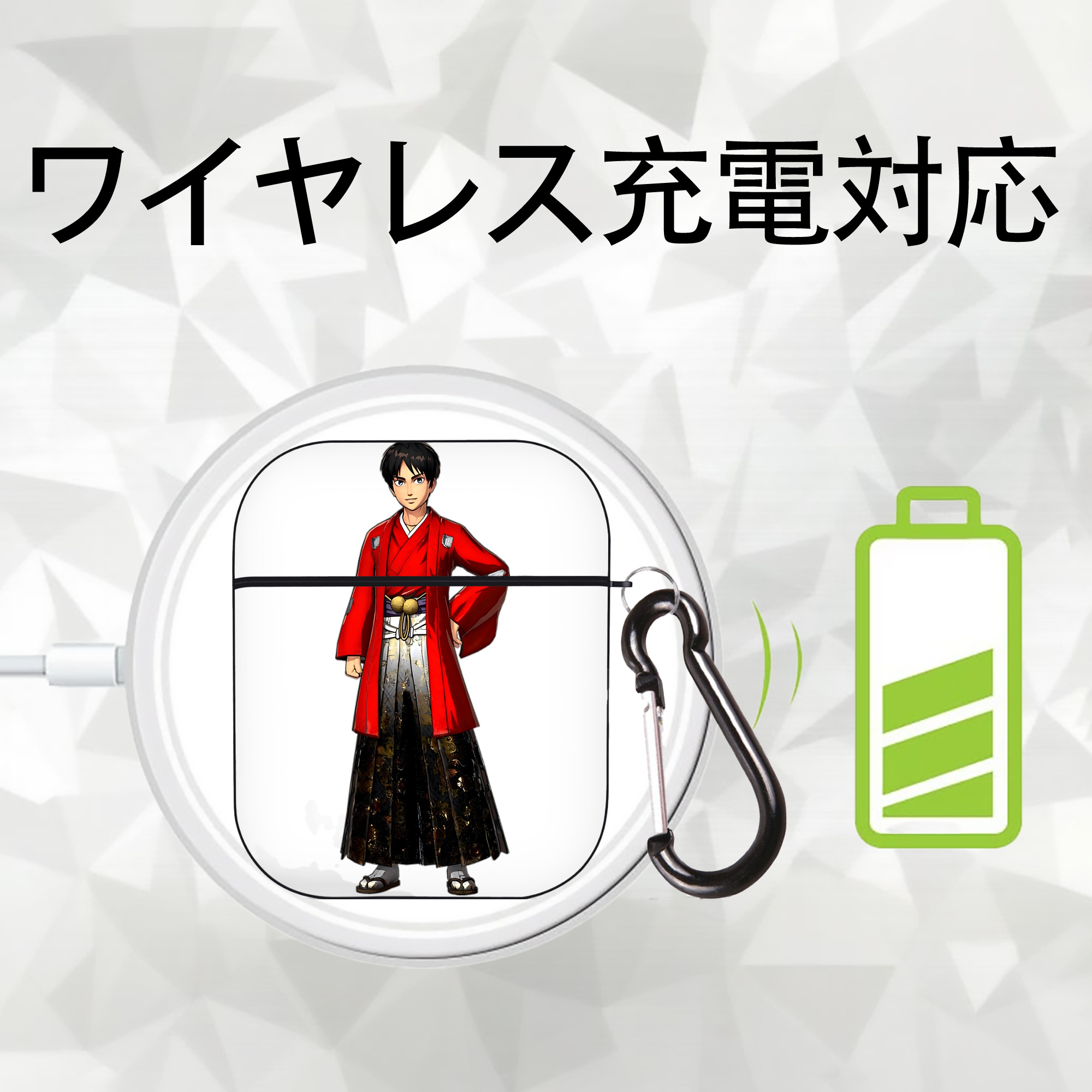 進撃の巨人 エレン･イェーガー Attack on Titan Eren Jäger AirPods 第2世代保護ケース ハードシェル ブラック 耐衝撃・防指紋・カラビナ付き