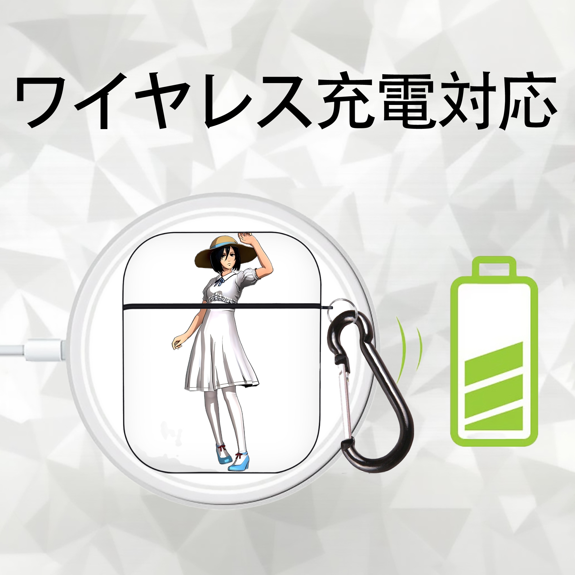 進撃の巨人 ミカサ·アッカーマン Attack on Titan Mikasa Ackerman AirPods 第2世代保護ケース ハードシェル ブラック 耐衝撃・防指紋・カラビナ付き